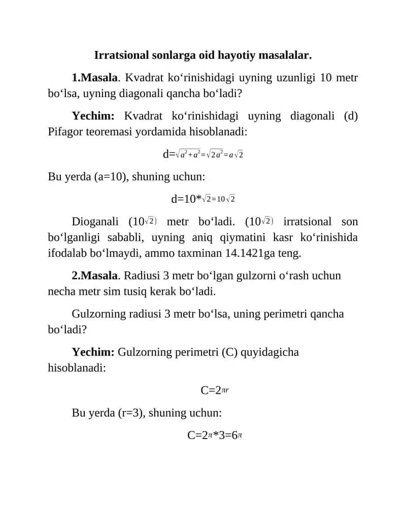Irratsional sonlarga oid hayotiy masalalar 1