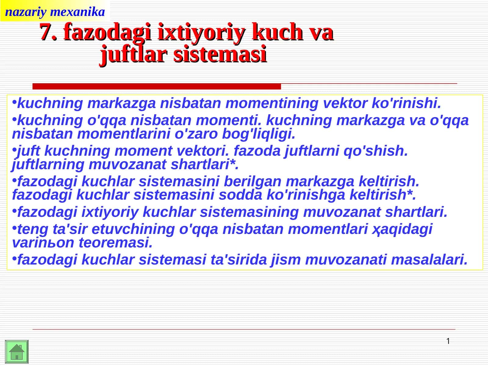 Fazodagi kuchlar sistemasining muvozanat shartlari 1