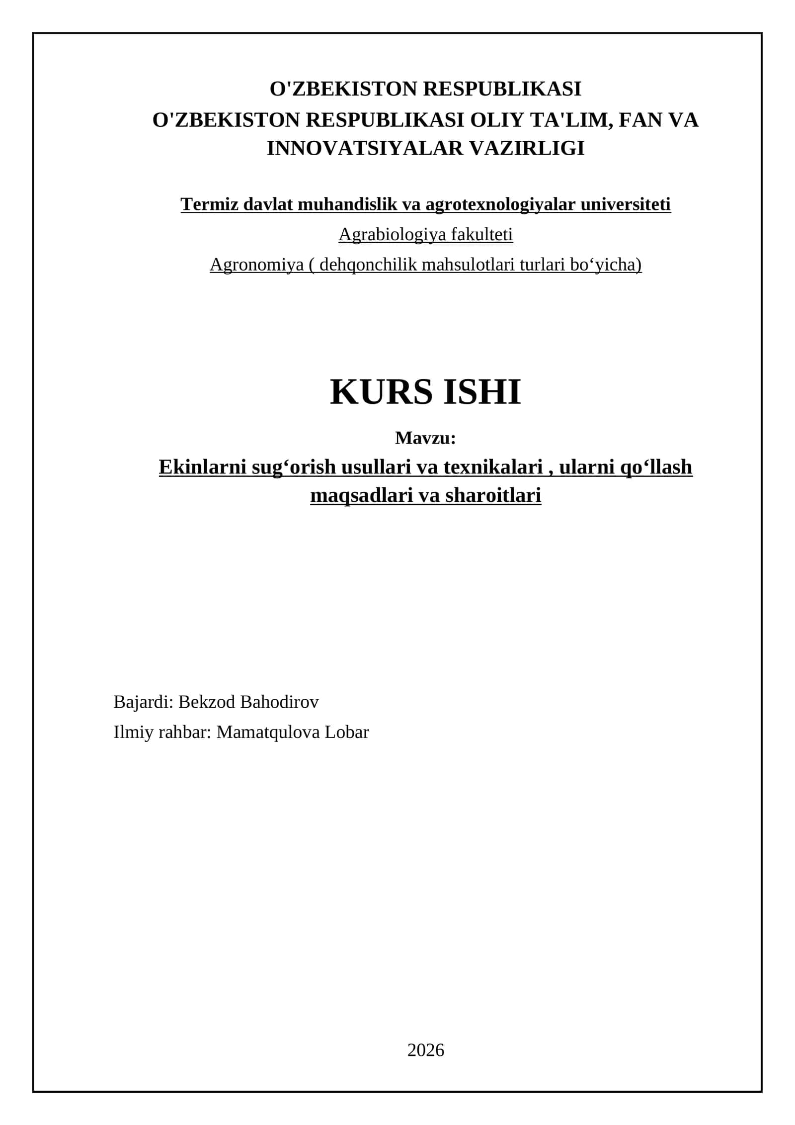Ekinlarni sugʻorish usullari va texnikalari, ularni qoʻllash maqsadlari va sharoitlari 1