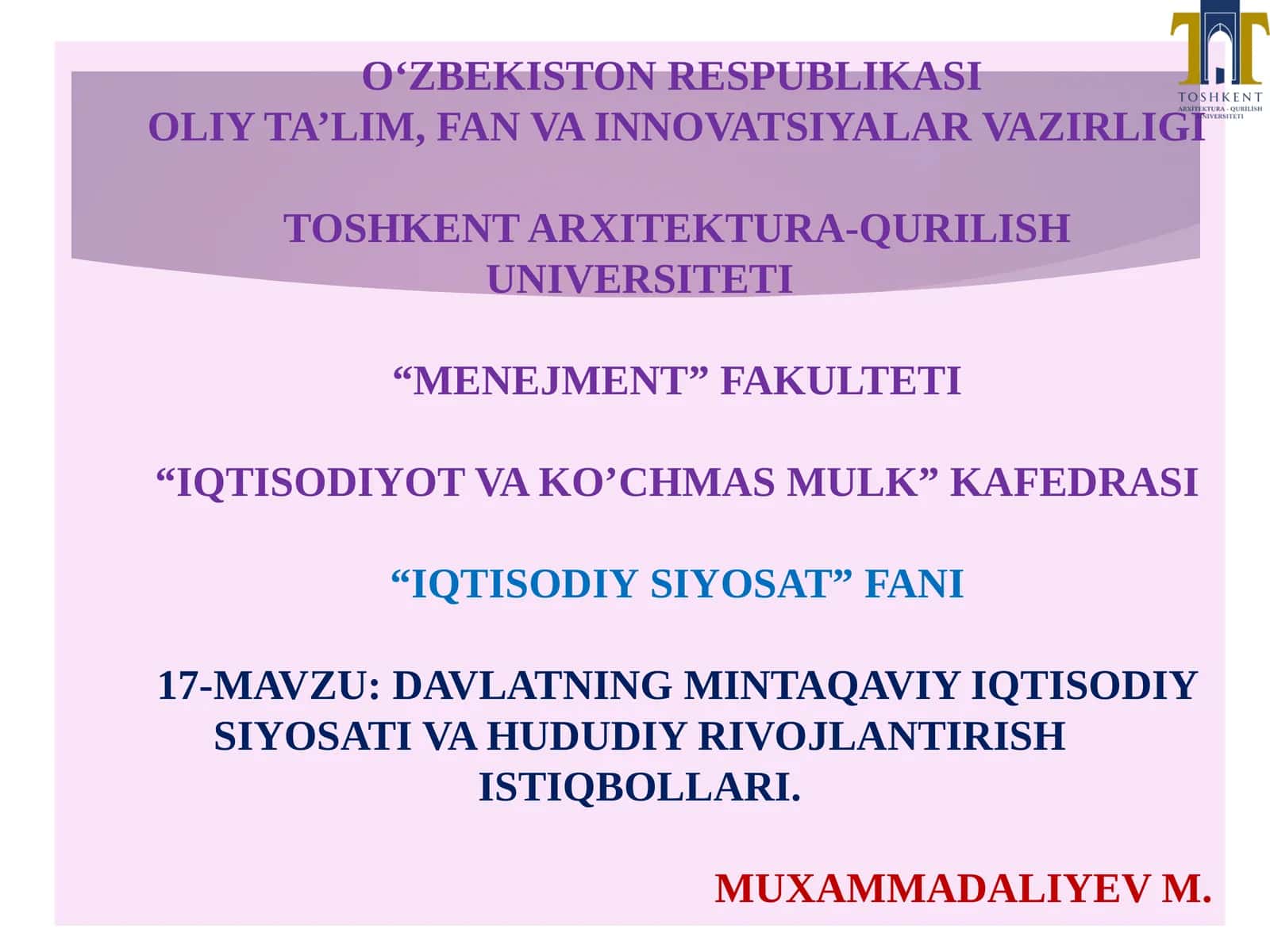 DAVLATNING MINTAQAVIY IQTISODIY SIYOSATI VA HUDUDIY RIVOJLANTIRISHISTIQBOLLARI 1