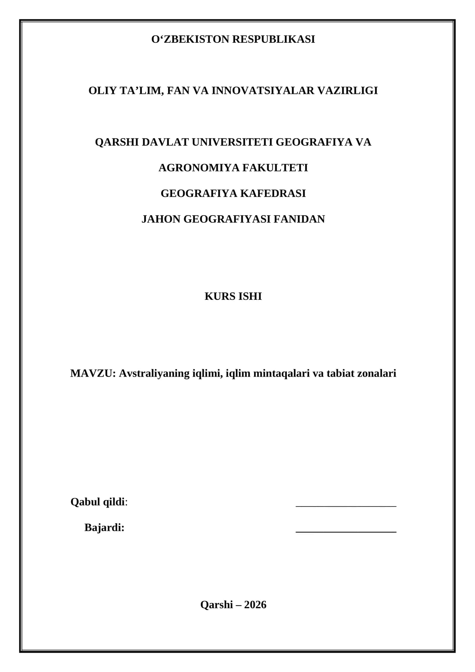 JAHON GEOGRAFIYASI FANIDAN KURS ISHI 1