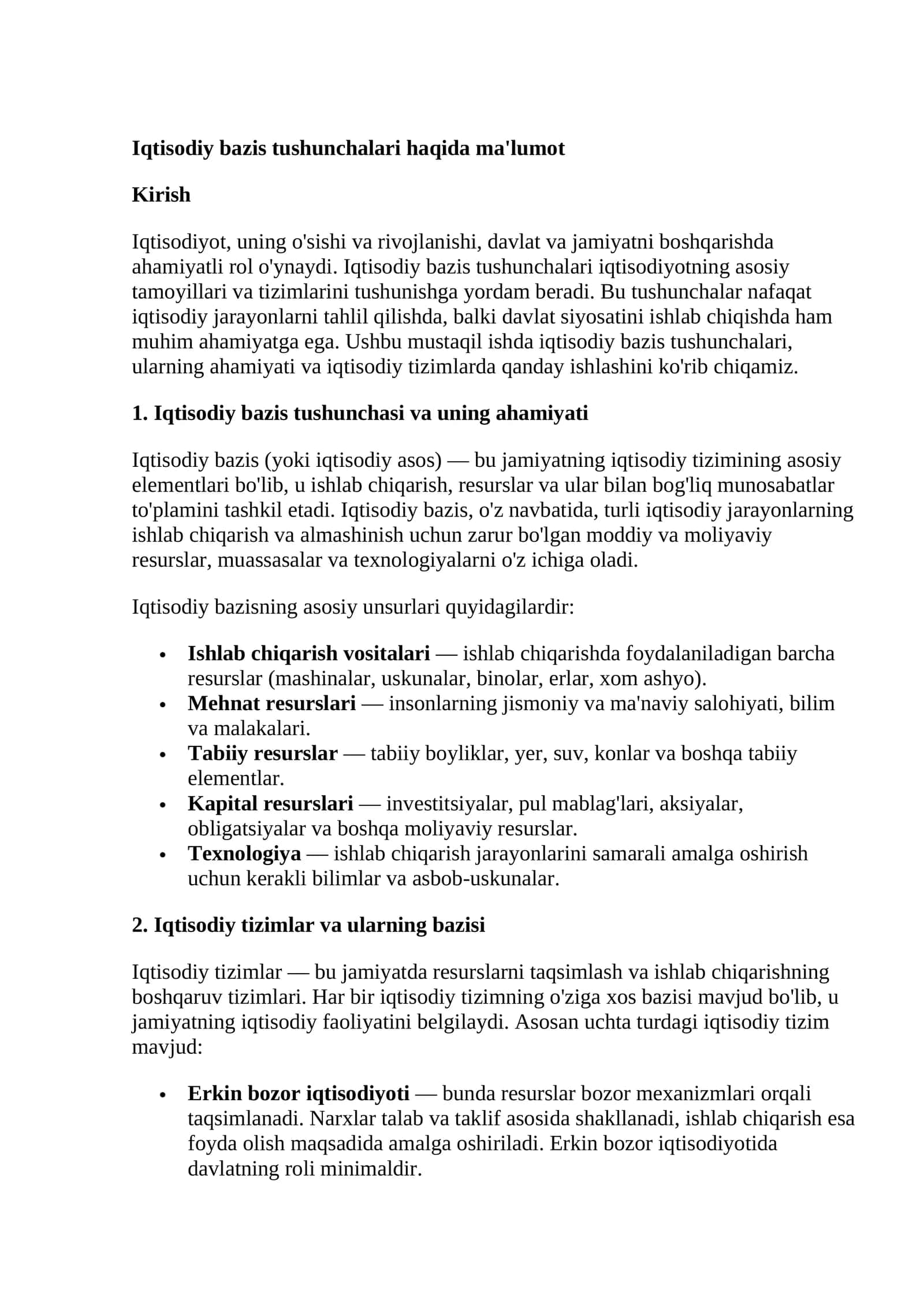 Iqtisodiy bazis tushunchalari haqida ma'lumot 1