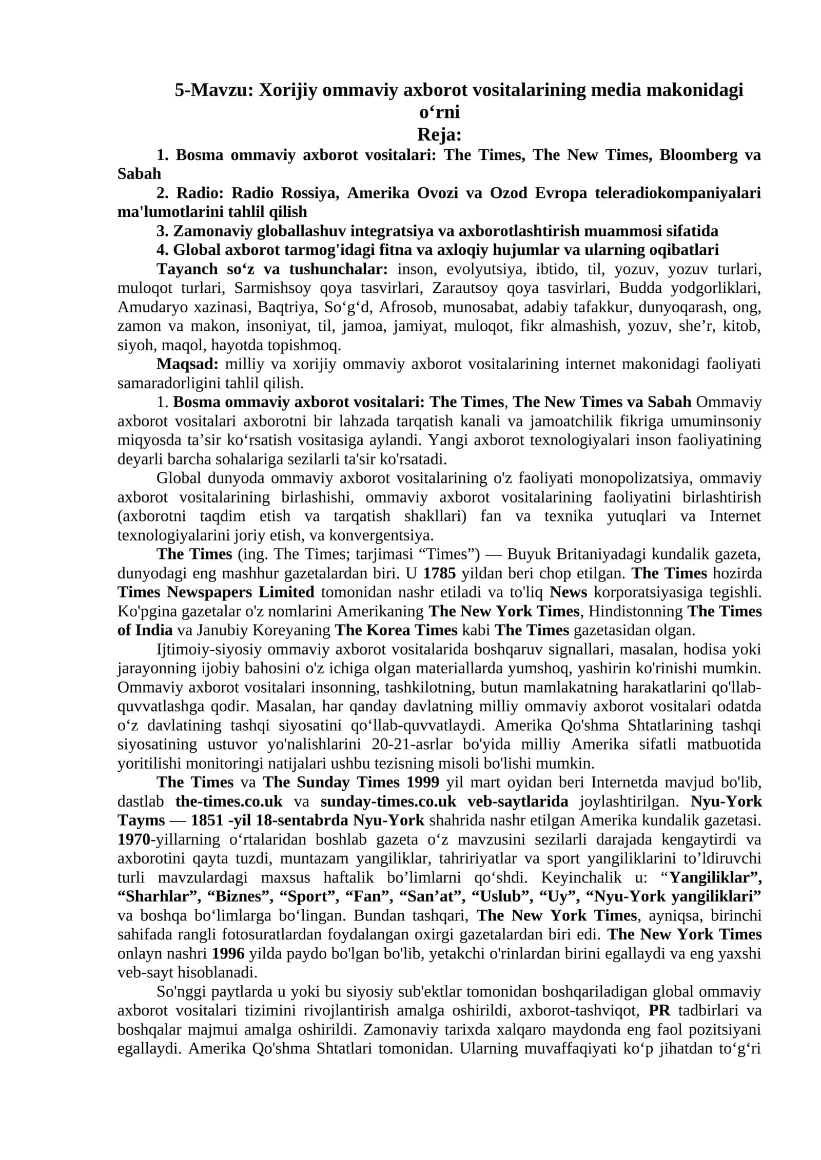 Xorijiy ommaviy axborot vositalarining media makonidagi o‘rni 1