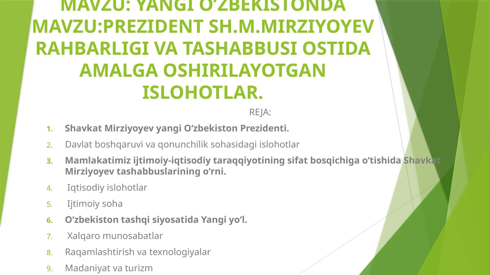 PREZIDENT SH.M.MIRZIYOYEV RAHBARLIGI VA TASHABBUSI OSTIDA AMALGA OSHIRILAYOTGAN ISLOHOTLAR 1