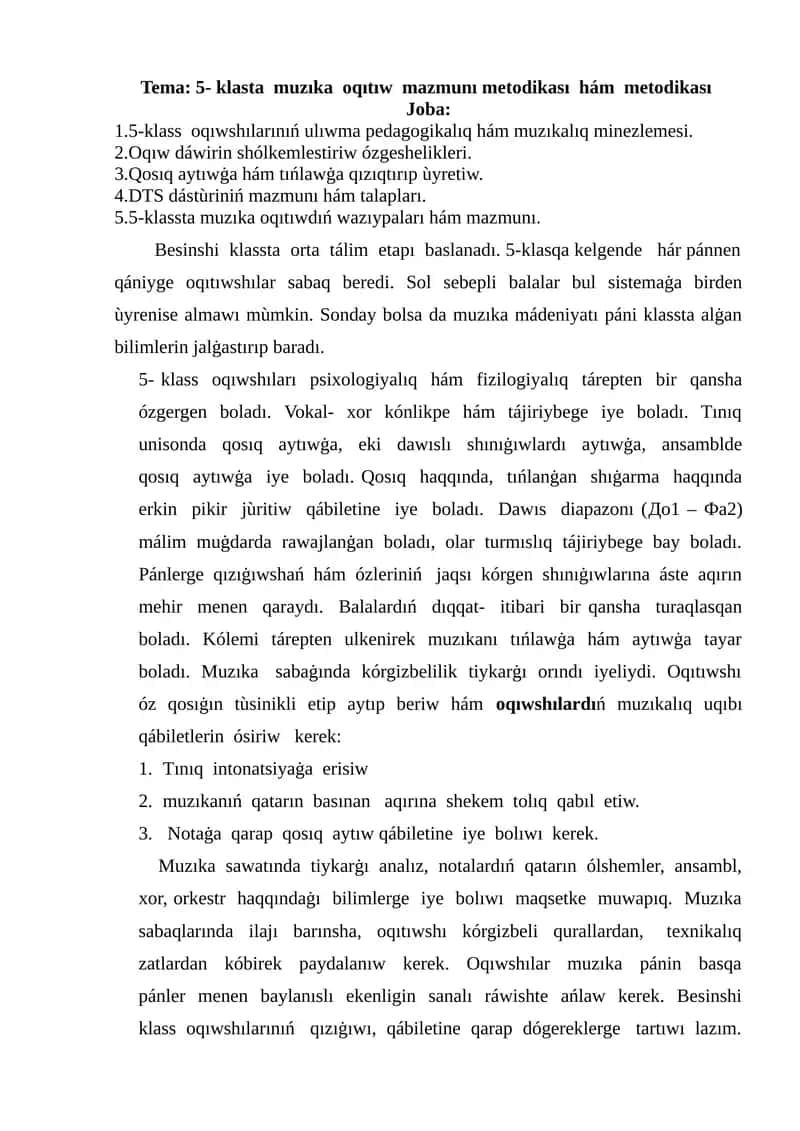 5- klasta muzıka oqıtıw mazmunı metodikası hám metodikası 1