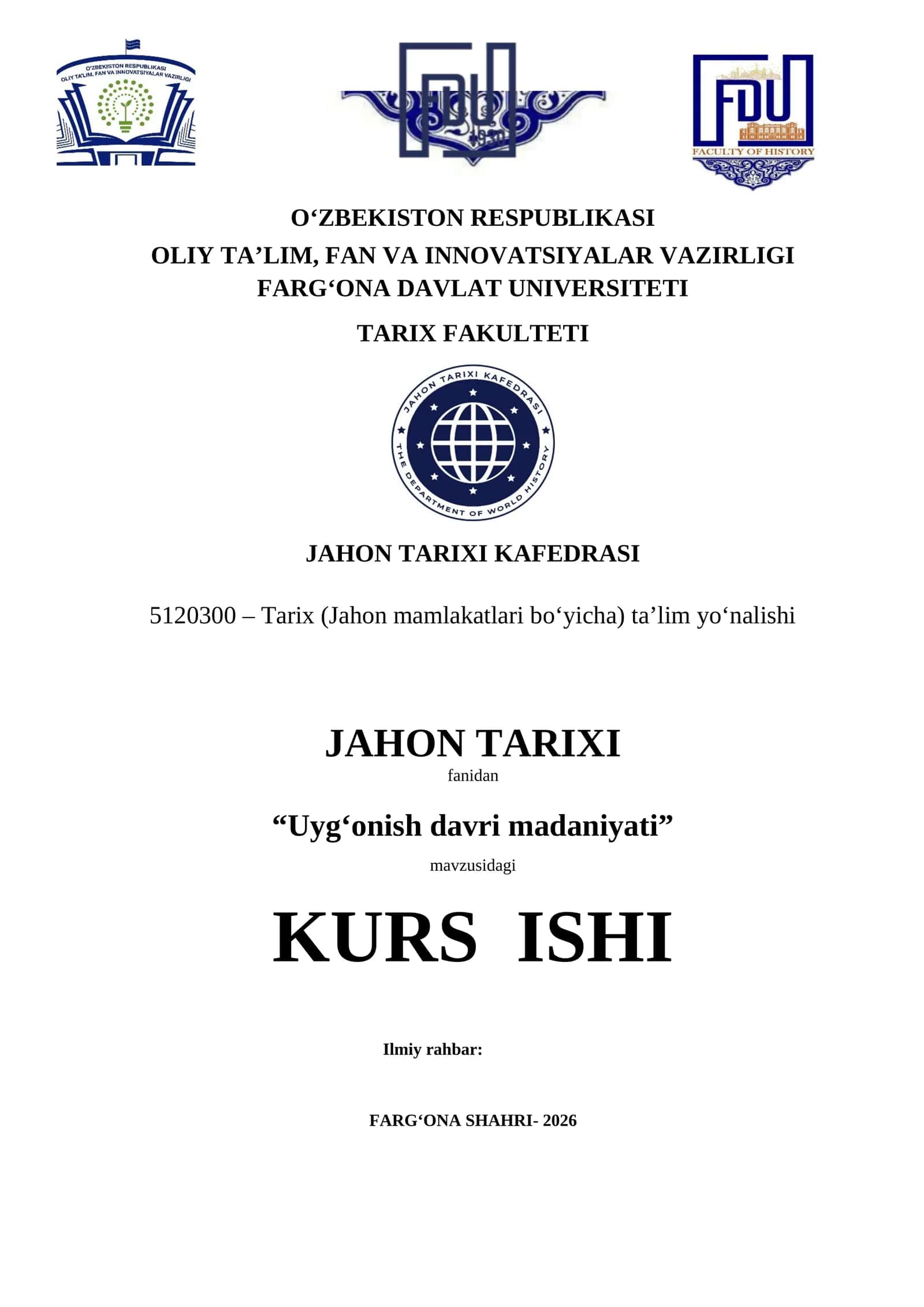 Uyg‘onish davri madaniyati KURS ISHI 2026 YIL 1