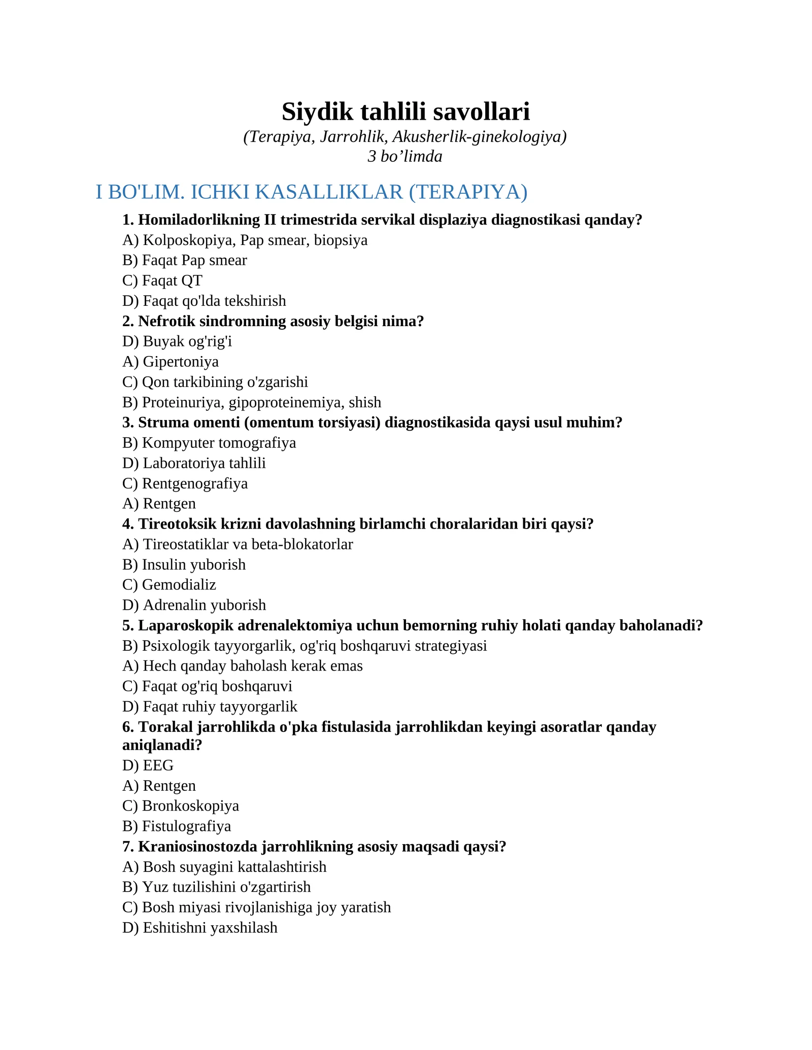 Siydik tahlili savollari 1
