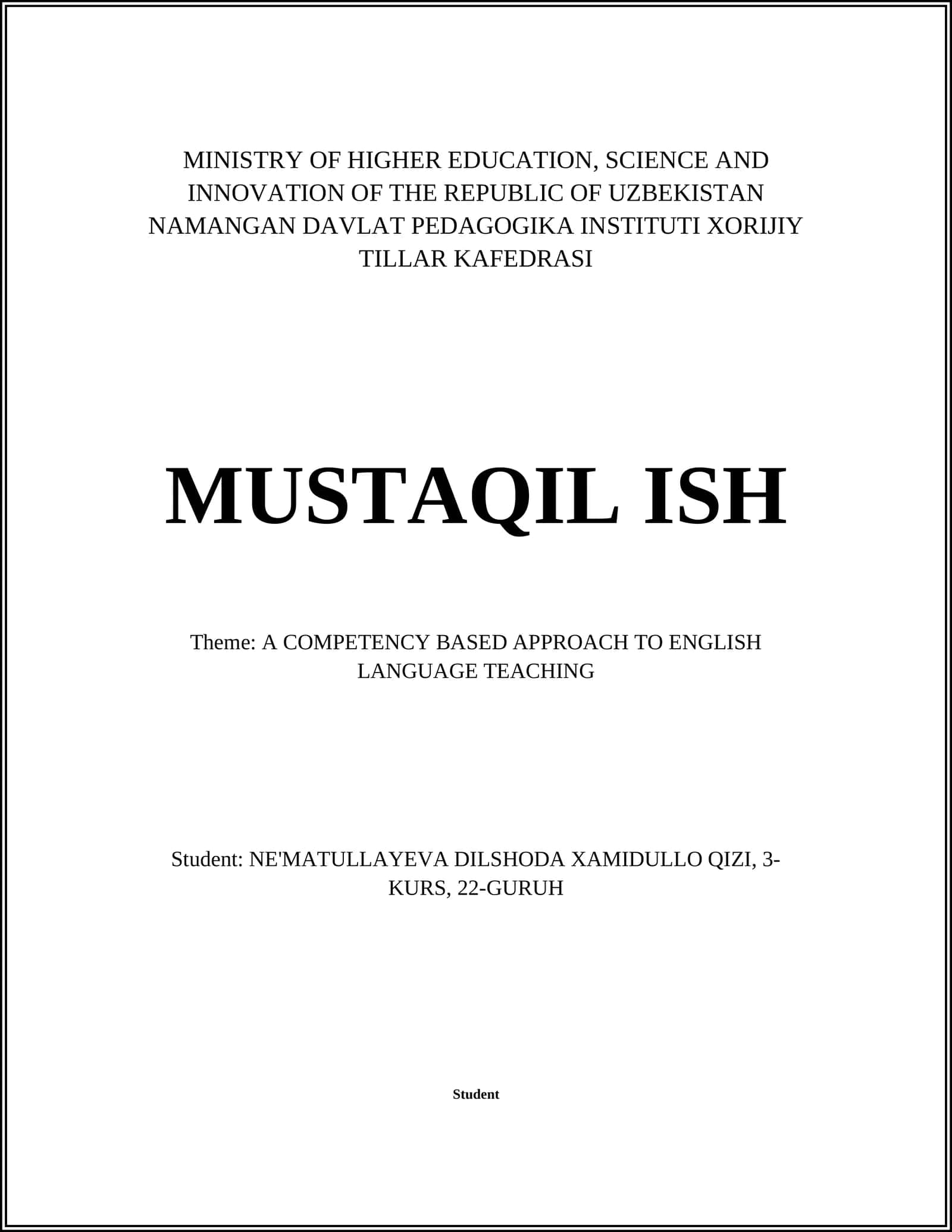 MUSTAQIL ISH: A COMPETENCY BASED APPROACH TO ENGLISH LANGUAGE TEACHING 1