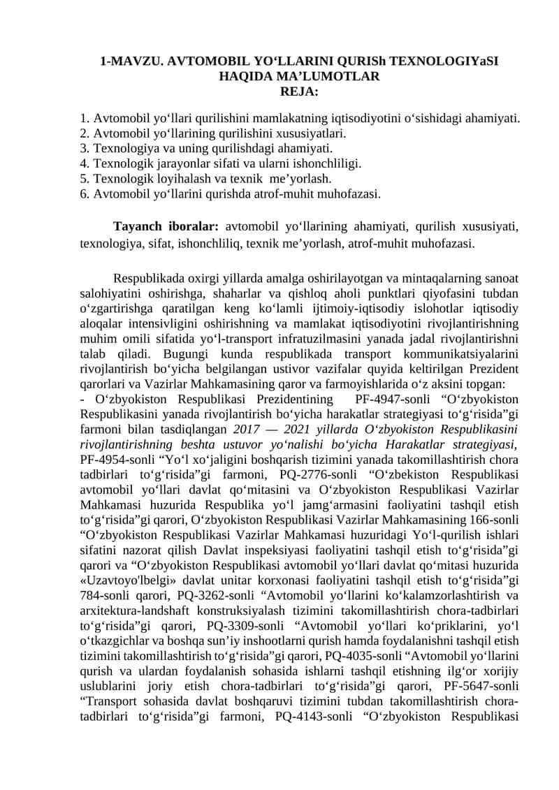 MAVZU. AVTOMOBIL YO‘LLARINI QURISh TEXNOLOGIYaSI HAQIDA MA’LUMOTLAR 1
