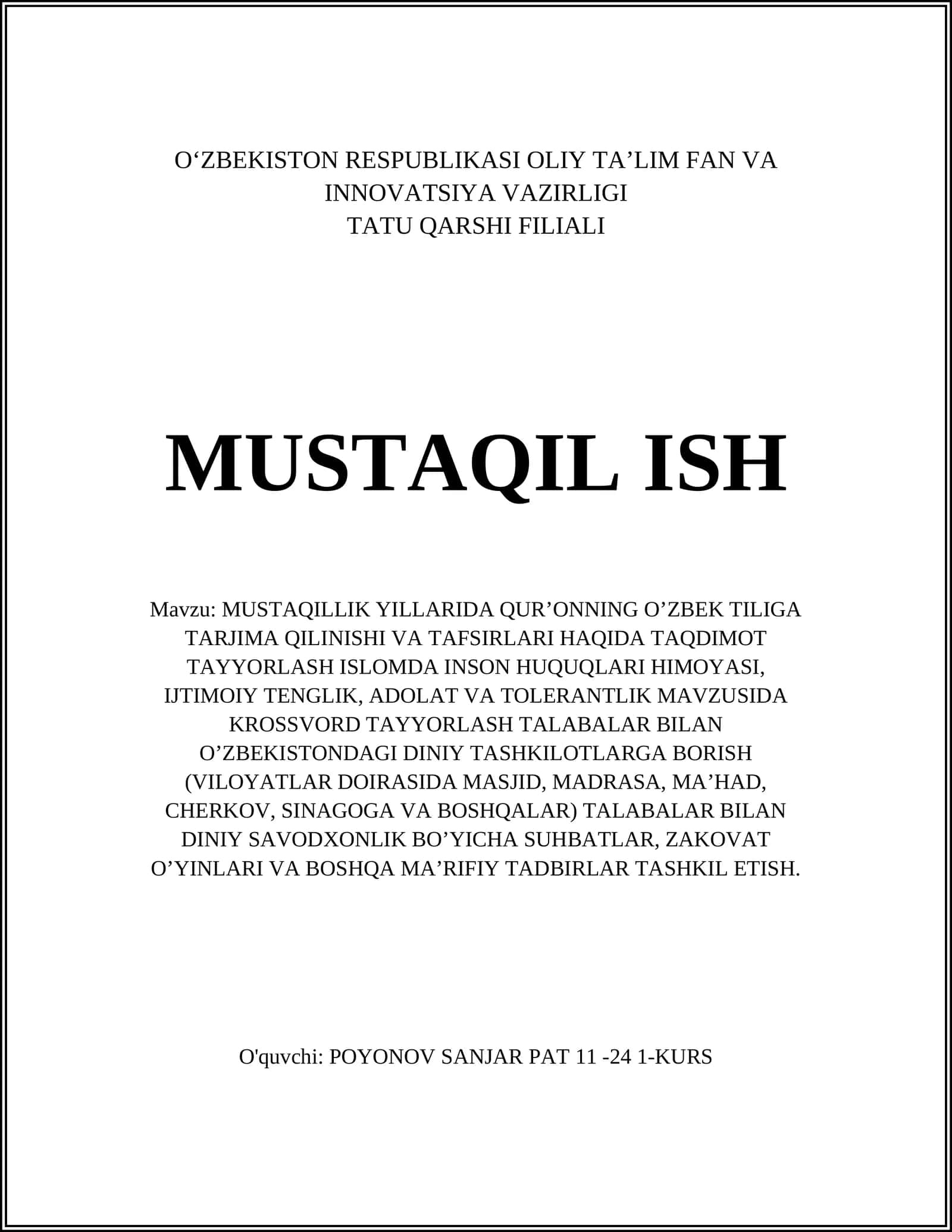 MUSTAQILLIK YILLARIDA QUR’ONNING O’ZBEK TILIGA TARJIMA QILINISHI VA TAFSIRLARI 1