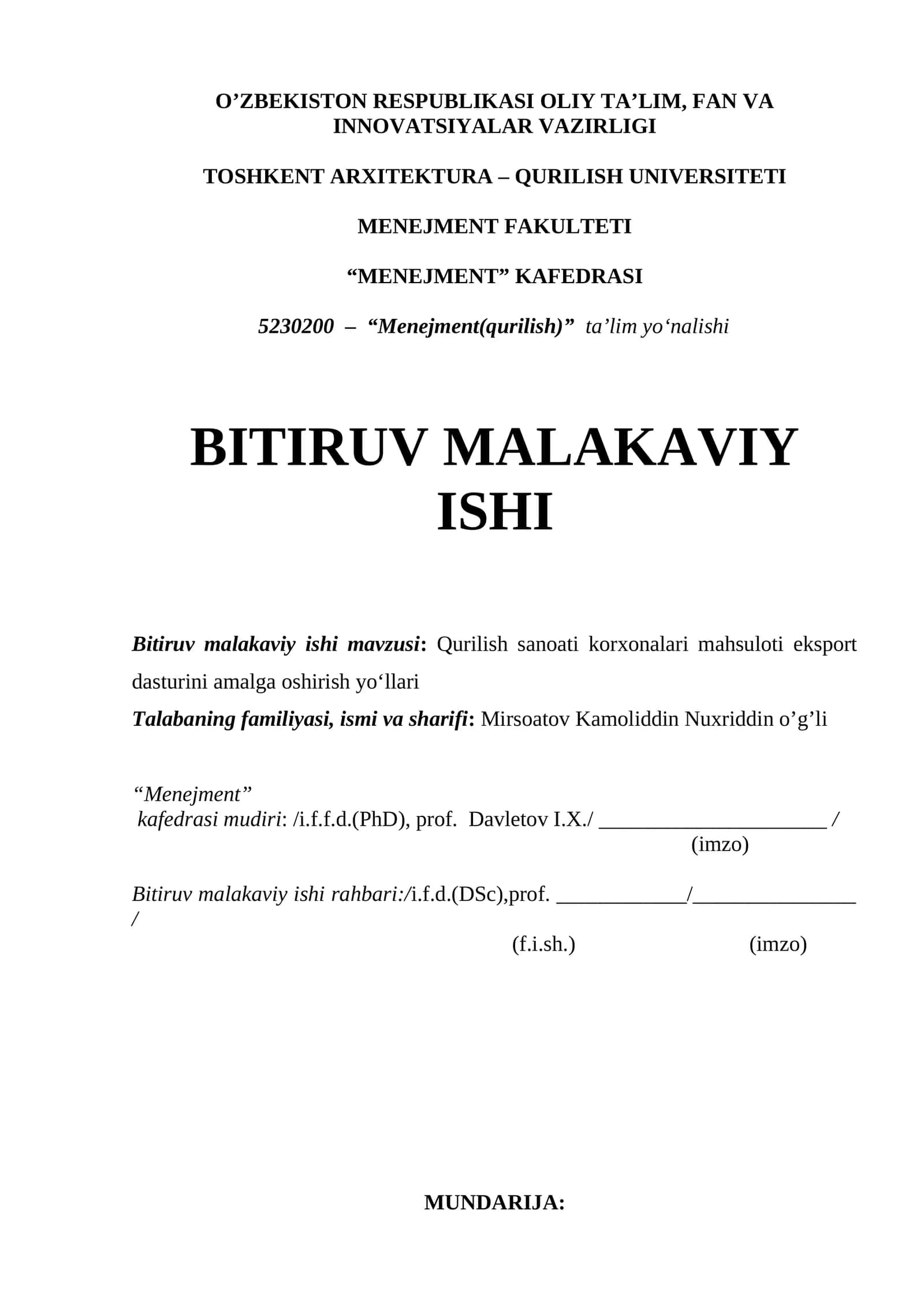 Qurilish sanoati korxonalari mahsuloti eksport dasturini amalga oshirish yo‘llari 1