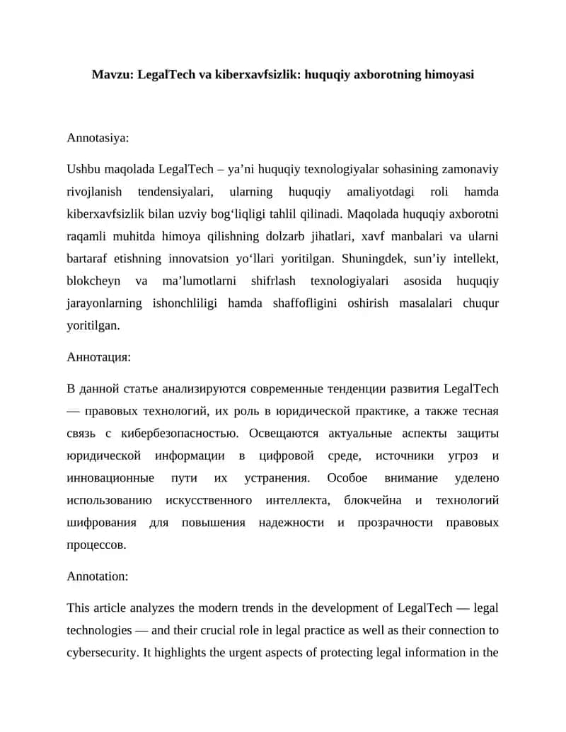 LegalTech va kiberxavfsizlik: huquqiy axborotning himoyasi 1
