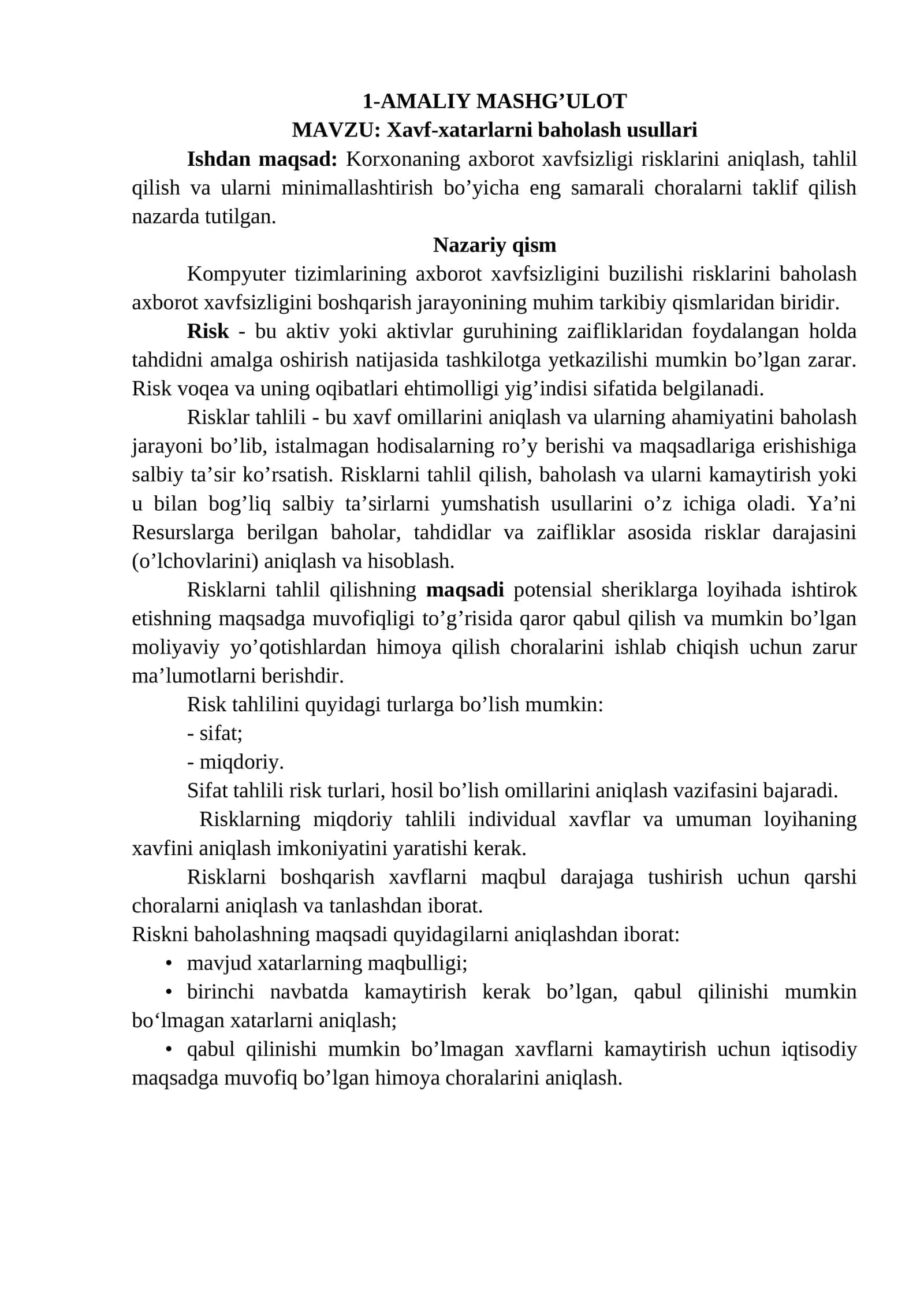 Xavf-xatarlarni baholash usullari 1