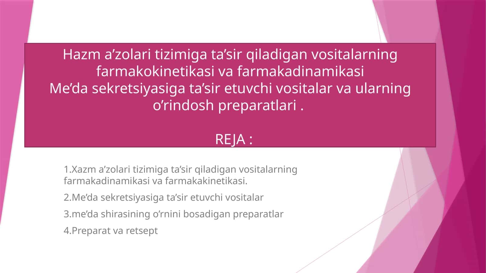 Hazm a’zolari tizimiga ta’sir qiladigan vositalarning farmakokinetikasi va farmakadinamikasiMe’da sekretsiyasiga ta’sir etuvchi vositalar va ularning o’rindosh preparatlari. 1
