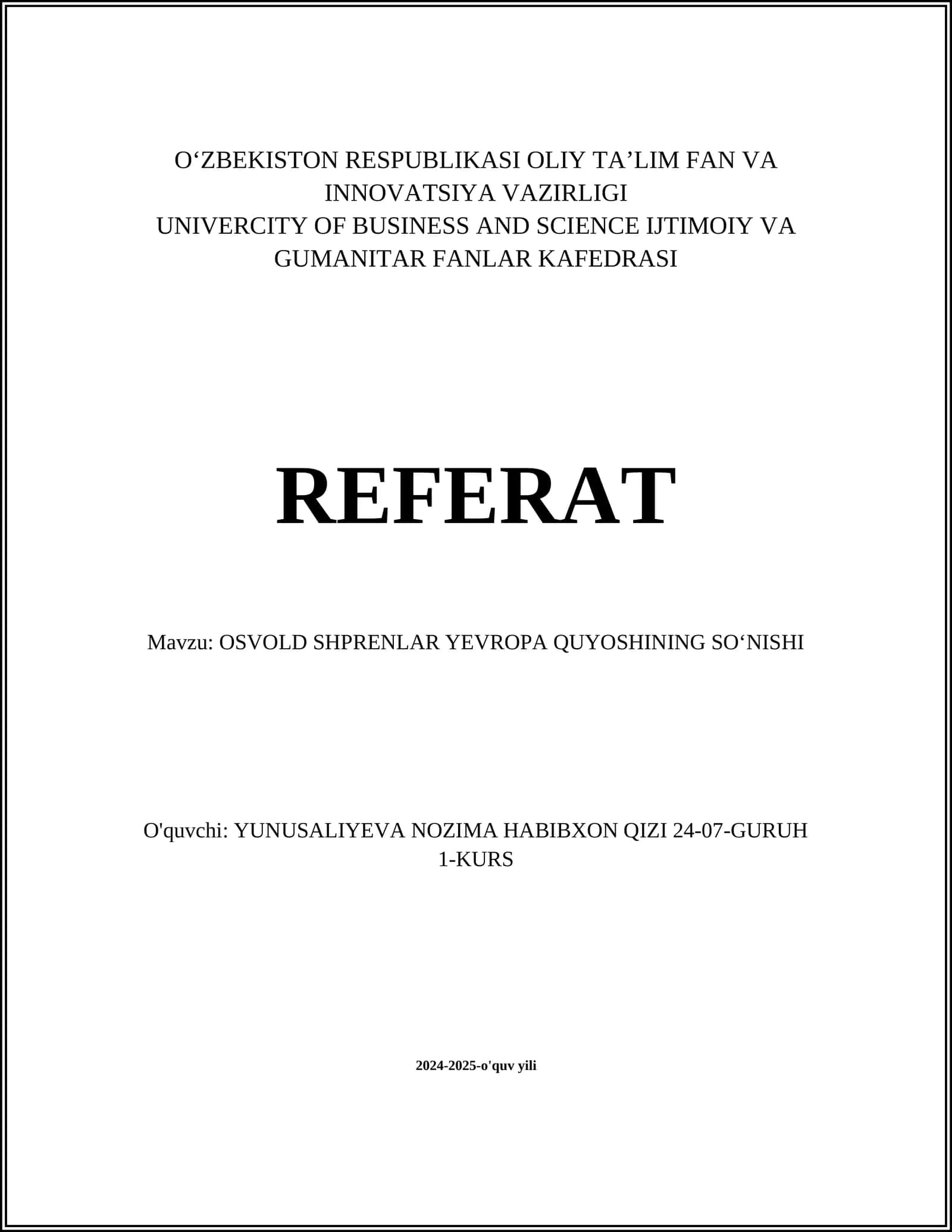 OSVOLD SHPRENLAR YEVROPA QUYOSHINING SOʻNISHI 1