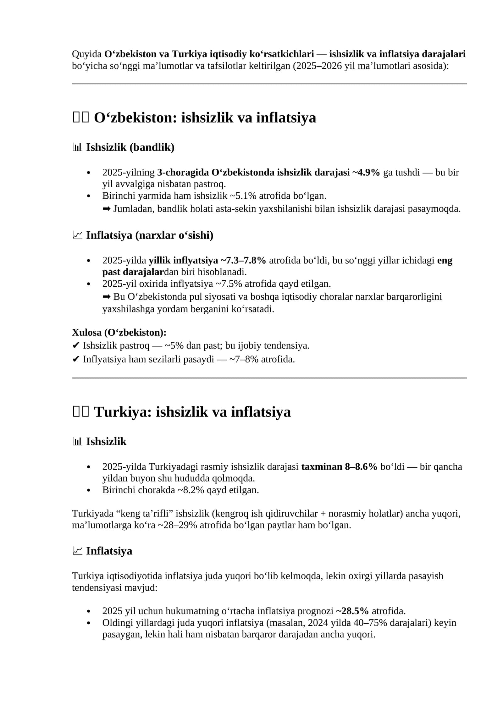 O‘zbekiston va Turkiya iqtisodiy ko‘rsatkichlari 1