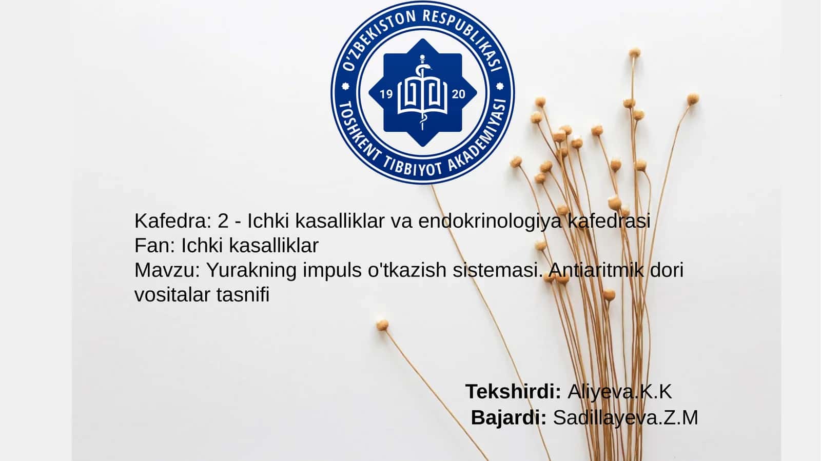 Yurakning impuls o'tkazish sistemasi. Antiaritmik dorivo sitalar tasnifi 1