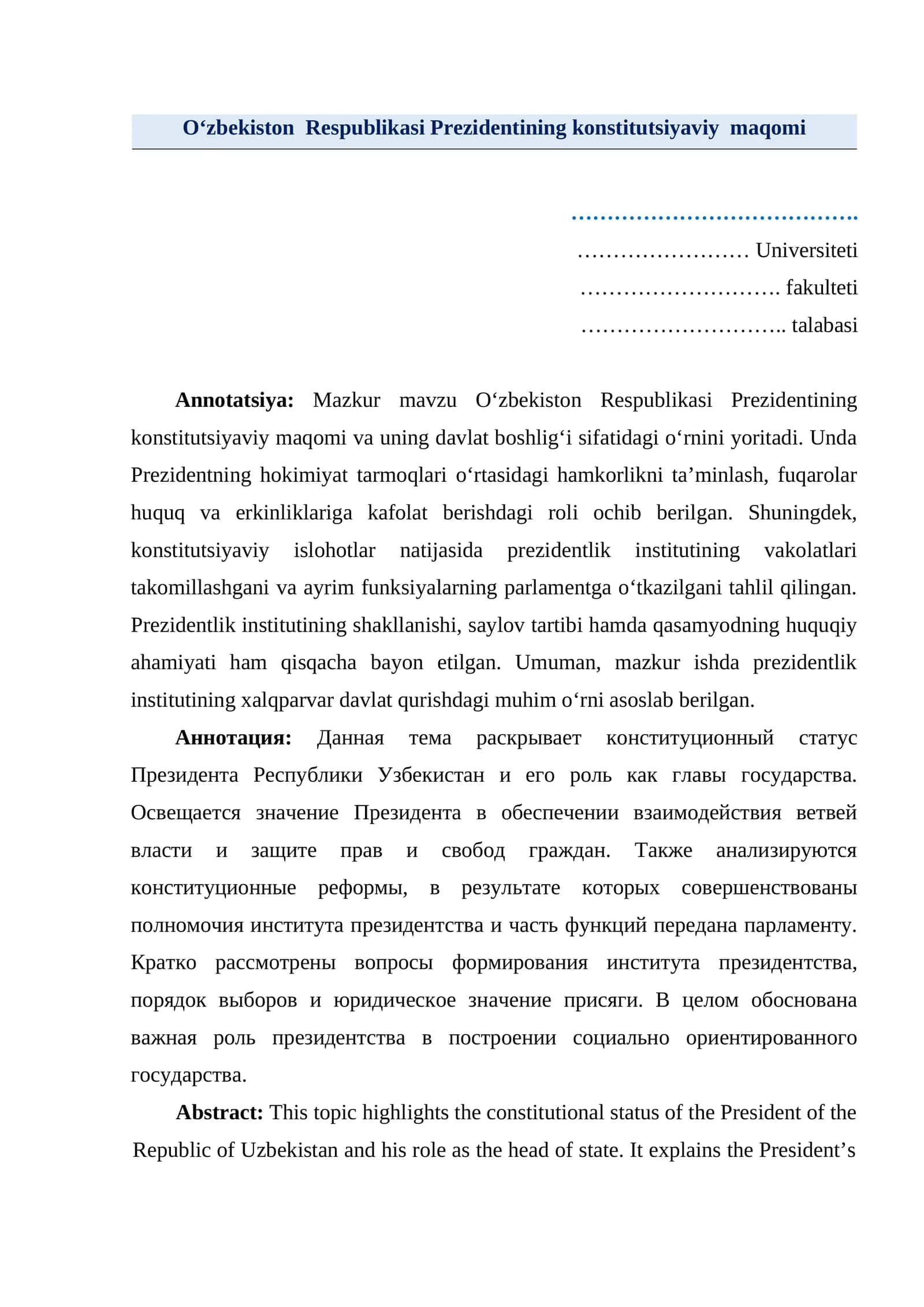 Oʻzbekiston Respublikasi Prezidentining konstitutsiyaviy maqomi 1