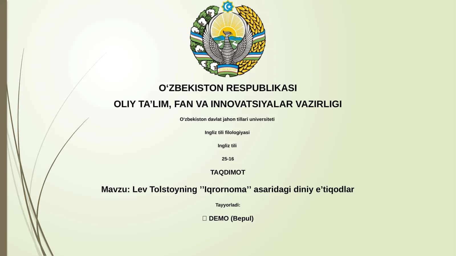 Lev Tolstoyning ʼʼIqrornomaʼʼ asaridagi diniy eʼtiqodlar 1