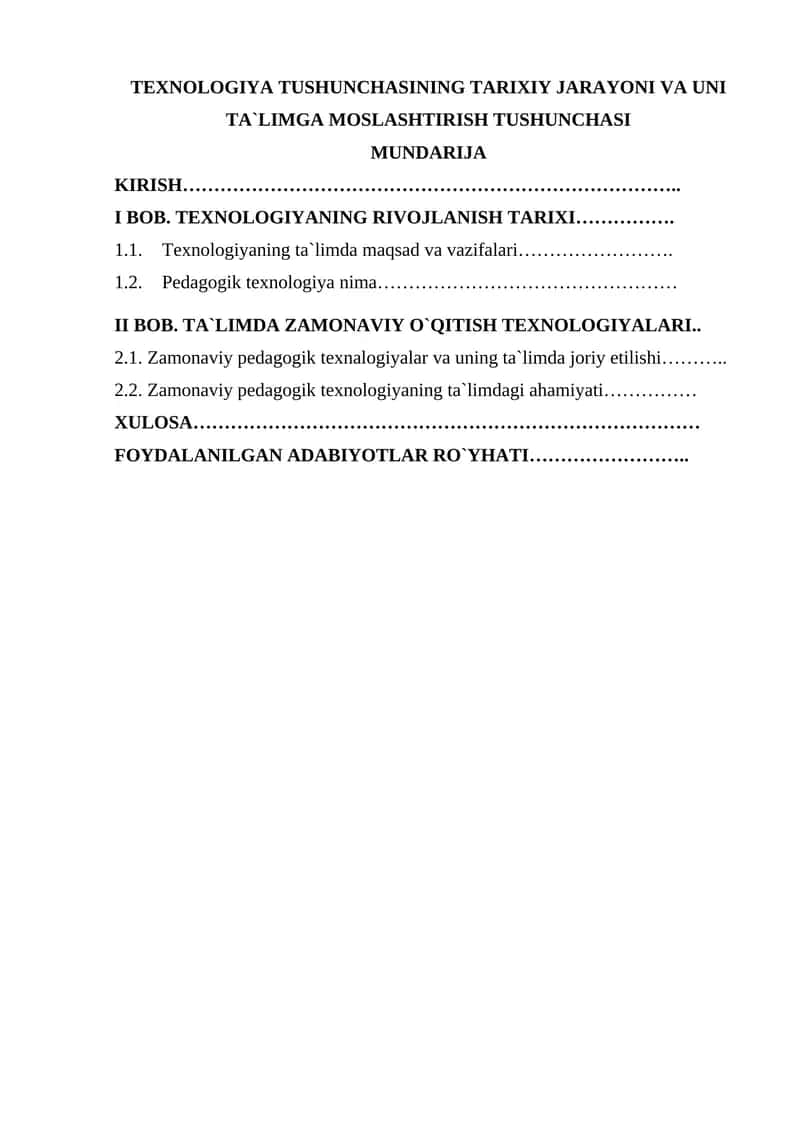 Texnologiya Tushunchasining Tarixiy Jarayoni va Uni Ta`limga Moslashtirish Tushunchasi 1