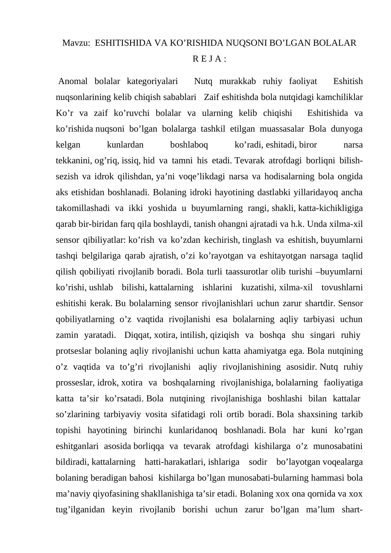ESHITISHIDA VA KO’RISHIDA NUQSONI BO’LGAN BOLALAR REJA 1