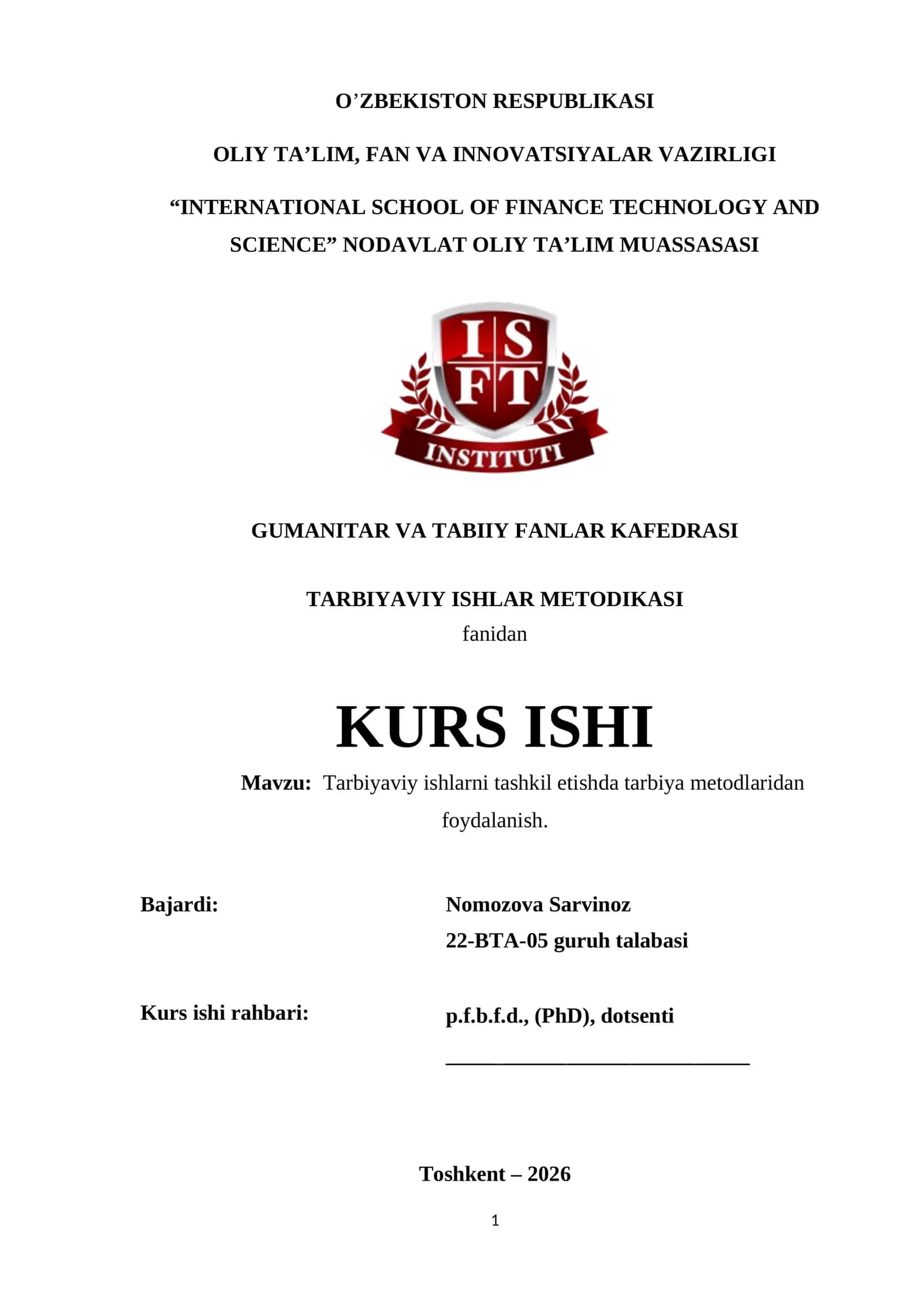 TARBIYAVIY ISHLARNI TASHKIL ETISHDA TARBIYA METODLARIDAN FOYDALANISH 1
