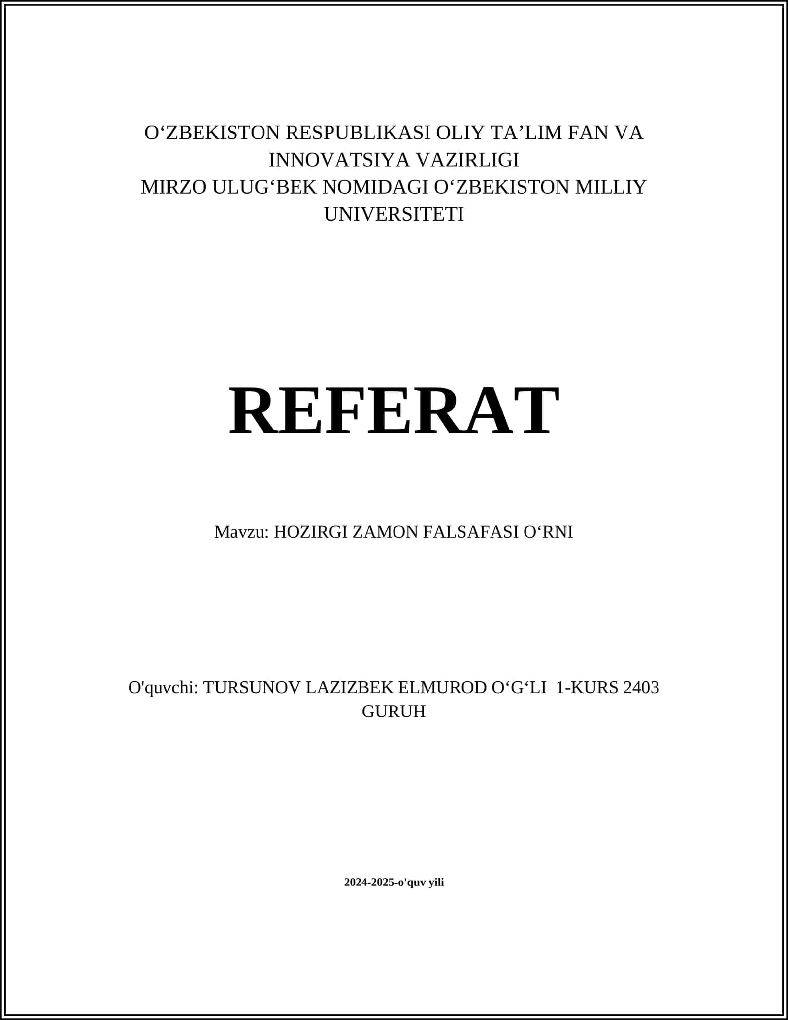 Hozirgi zamon falsafasi oʻrni 1