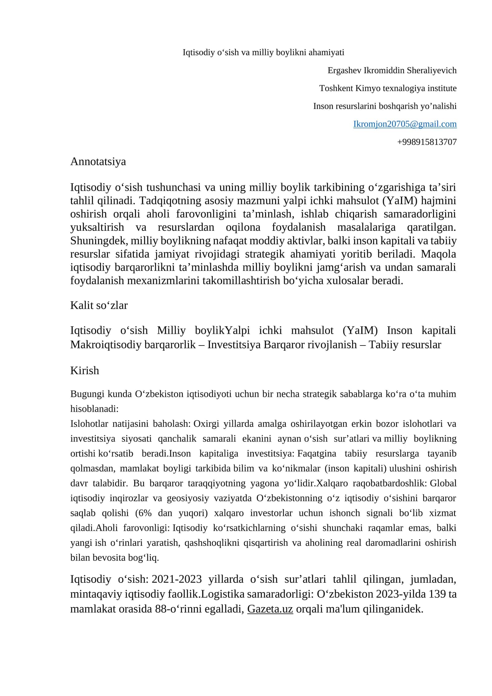 Iqtisodiy o‘sish va milliy boylikni ahamiyati 1