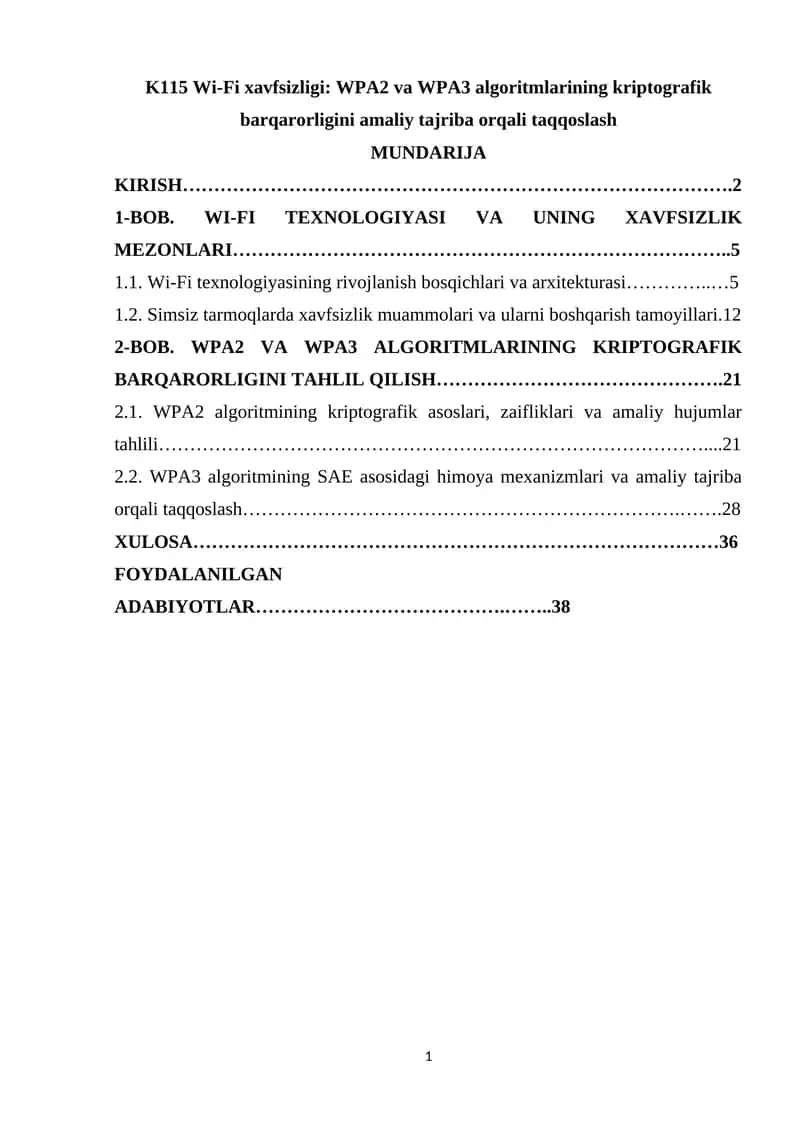 K115 Wi-Fi xavfsizligi  WPA2 va WPA3 algoritmlarining kriptografik barqarorligini amaliy tajriba orqali taqqoslash 1