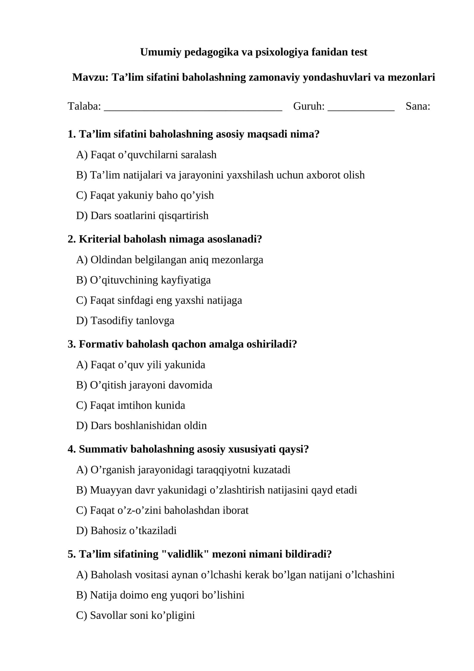 Ta’lim sifatini baholashning zamonaviy yondashuvlari va mezonlari TEST. 1