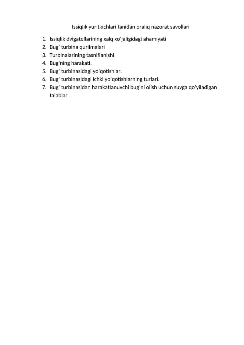 Issiqlik yuritkichlari fanidan oraliq nazorat savollari 1