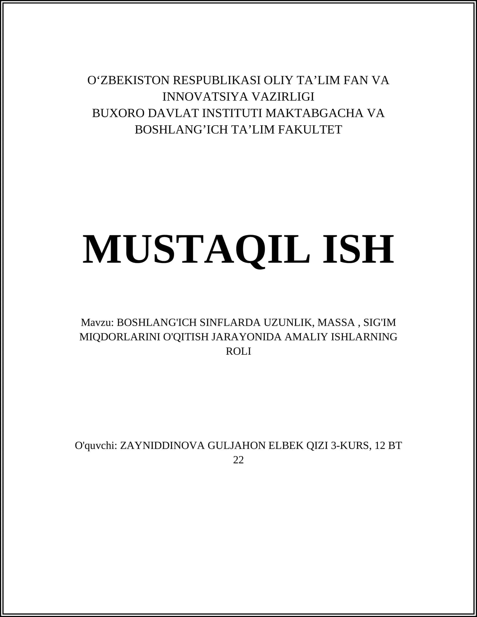 BOSHLANG'ICH SINFLARDA UZUNLIK, MASSA, SIG'IM MIQDORLARINI O'QITISH JARAYONIDA AMALIY ISHLARNING ROLI 1