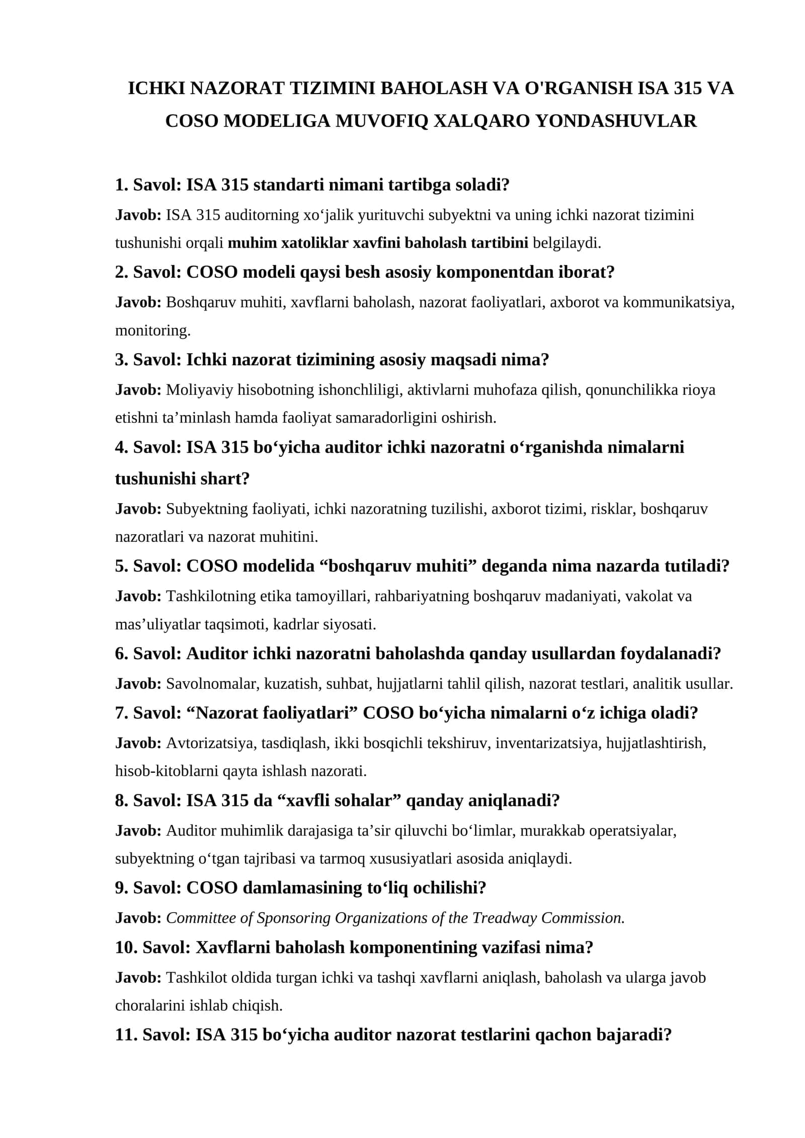ISA 315 va COSO Modeliga muvofiq ichki nazorat tizimini baholash 1