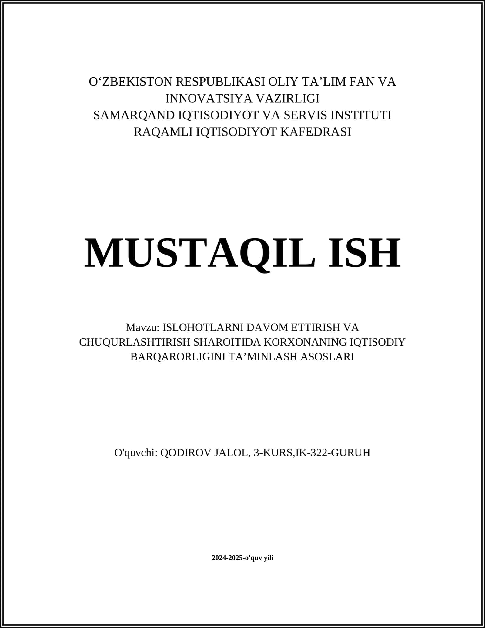 ISLOHOTLARNI DAVOM ETTIRISH VA CHUQURLASHTIRISH SHAROITIDA KORXONANING IQTISODIY BARQARORLIGINI TA’MINLASH ASOSLARI 1