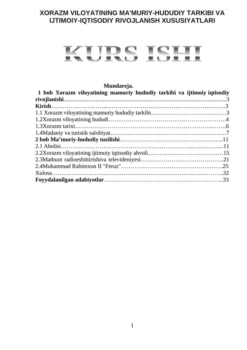 XORAZM VILOYATINING MA'MURIY-HUDUDIY TARKIBI VA IJTIMOIY-IQTISODIY RIVOJLANISH XUSUSIYATLARI 1