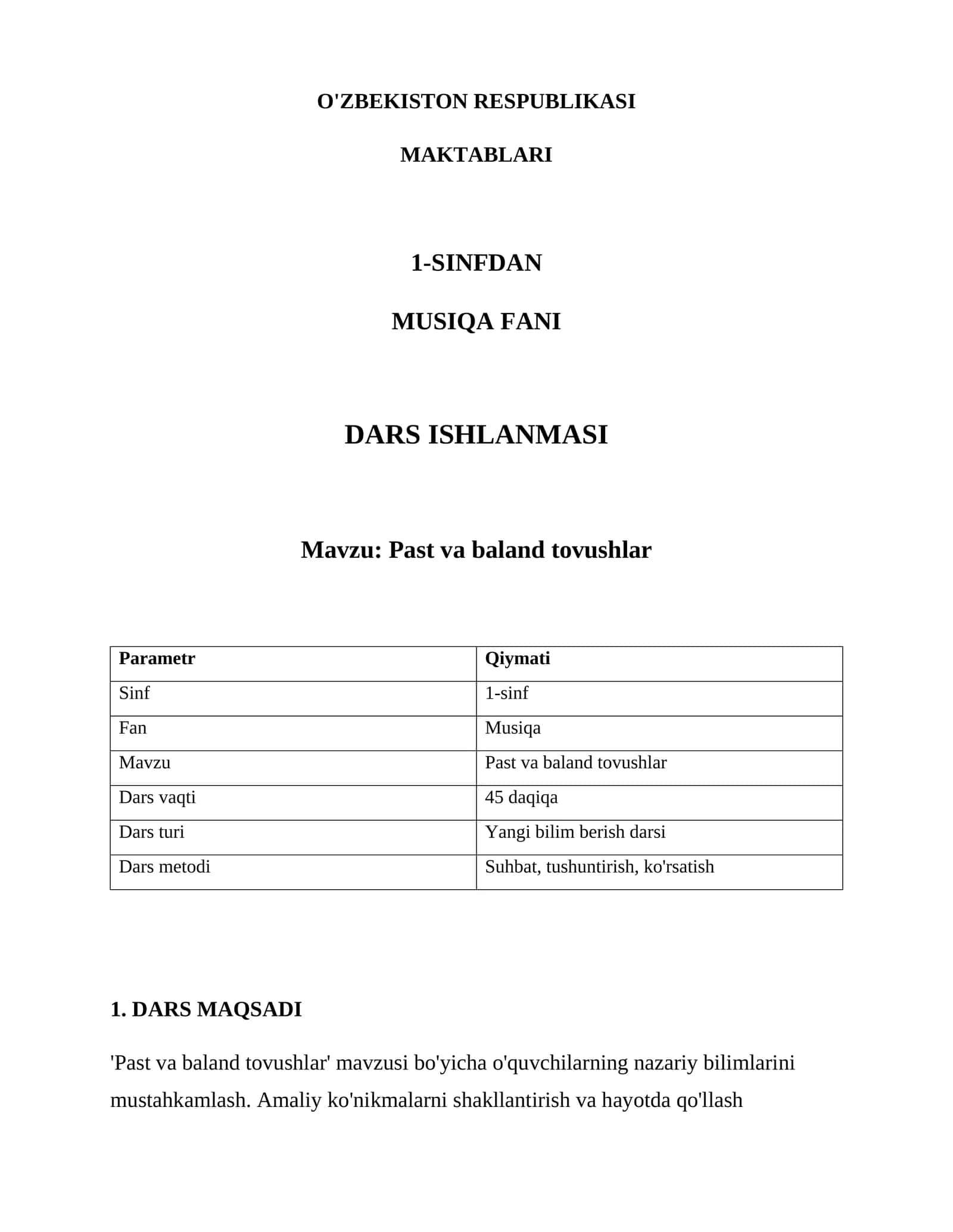 Past va baland tovushlar | Dars ishlanmasi 1