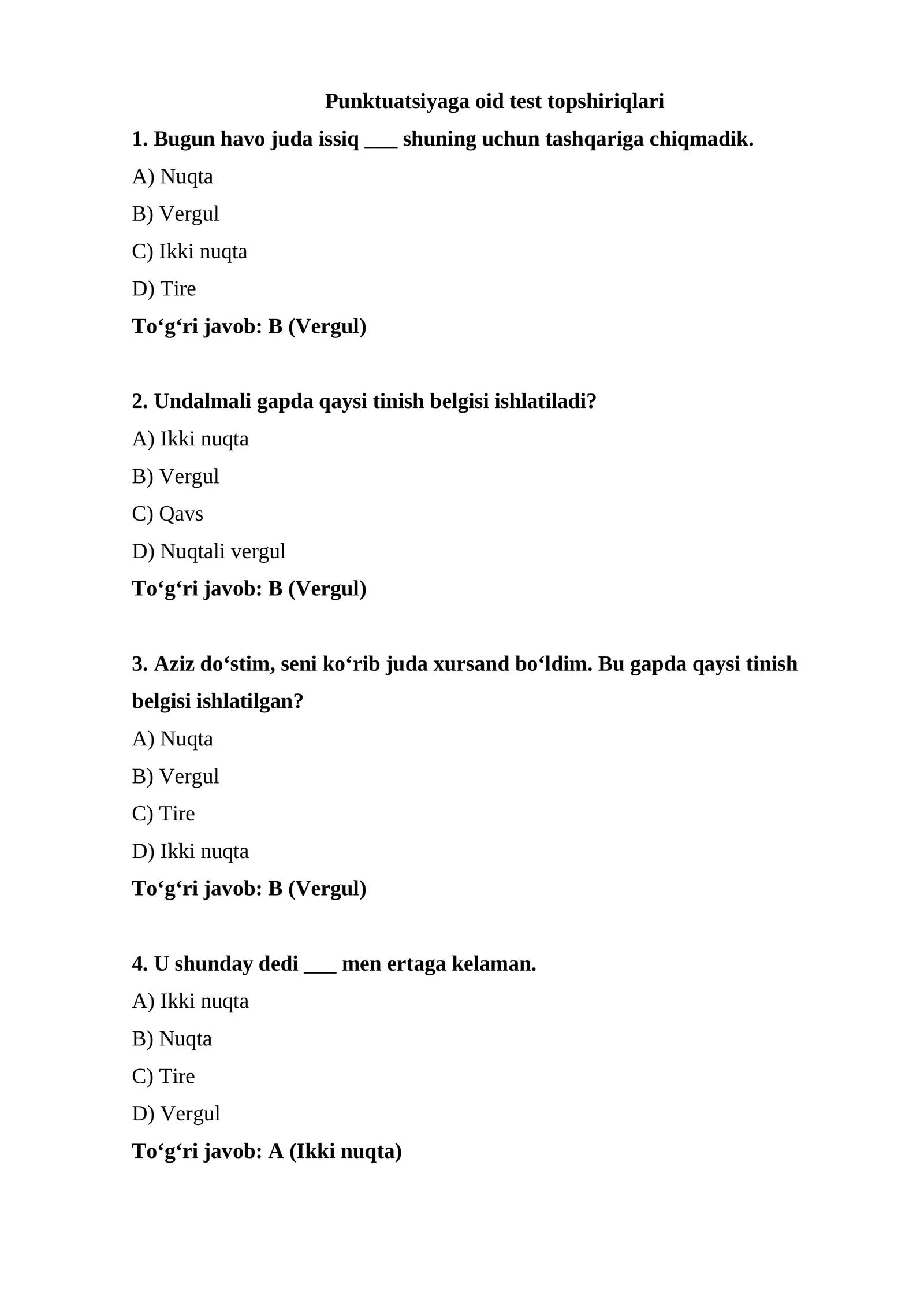 Punktuatsiyaga oid test topshiriqlari 1