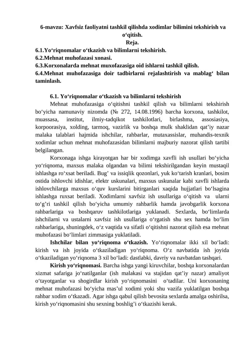 6-mavzu: Xavfsiz faoliyatni tashkil qilishda xodimlar bilimini tekshirish va o‘qitish. 1