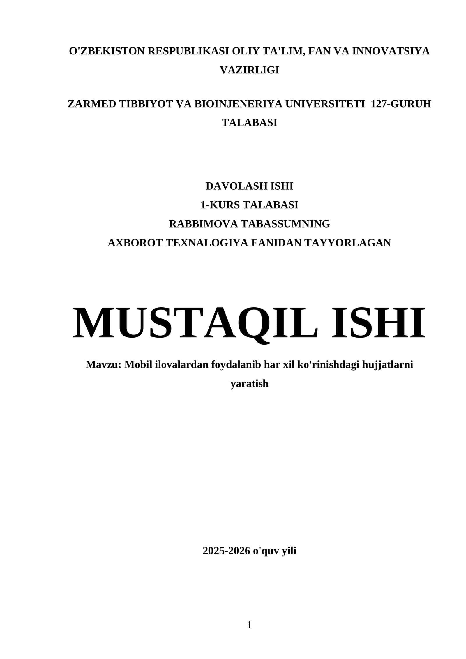 Davolash ishi, 1-KURS TALABASI, RABBIMOVA TABASSUMNING 1