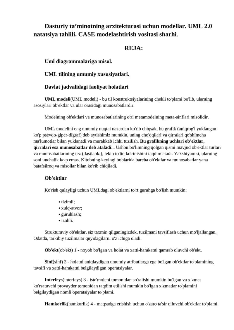 Dasturiy ta’minotning arxitekturasi uchun modellar. UML 2.0 natatsiya tahlili. CASE modelashtirish vositasi sharhi. 1
