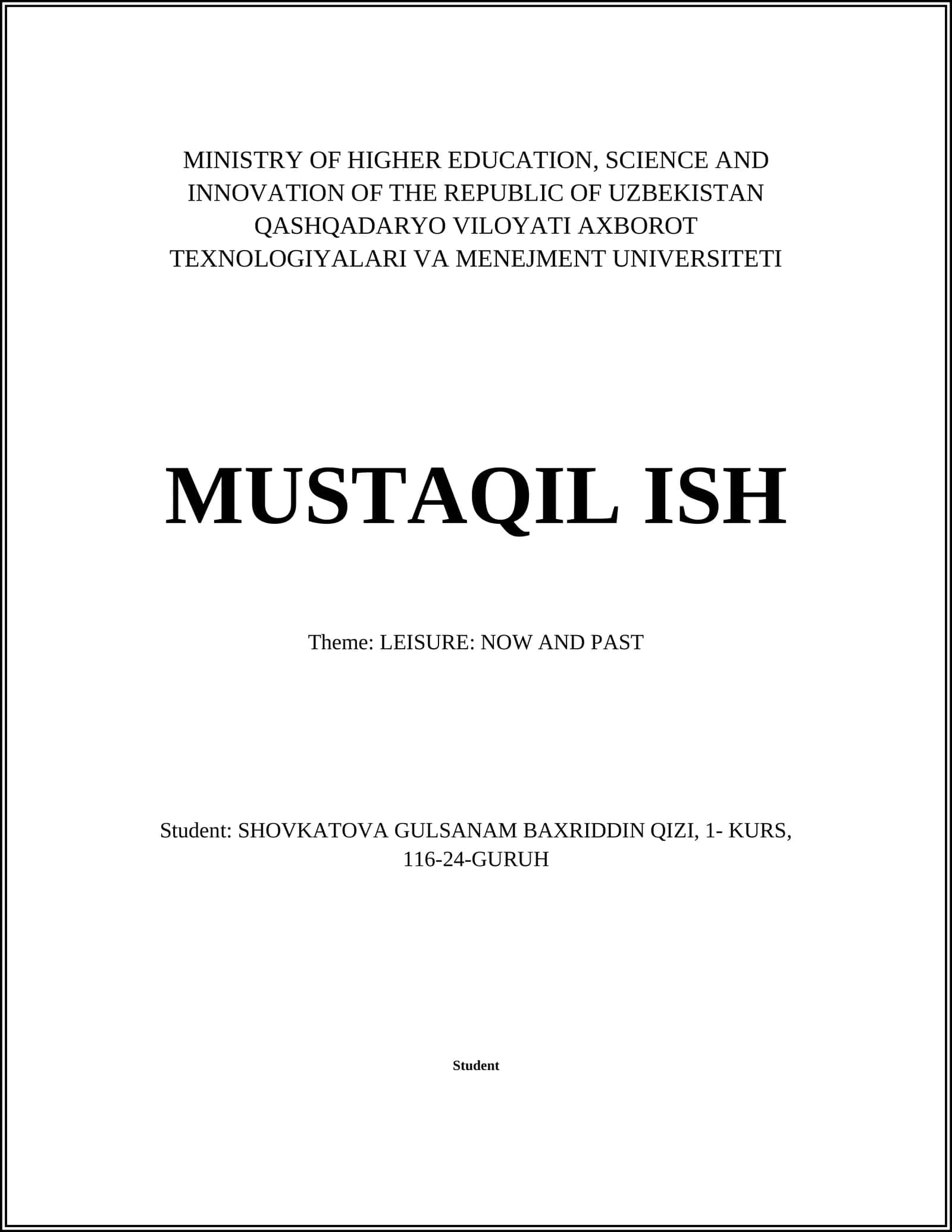 QASHQADARYO VILOYATI AXBOROT TEXNOLOGIYALARI VA MENEJMENT UNIVERSITETI - MUSTAQIL ISH 1