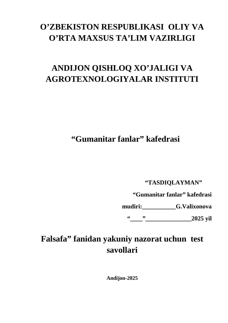 "Falsafa" fanidan yakuniy nazorat uchun test savollari 1
