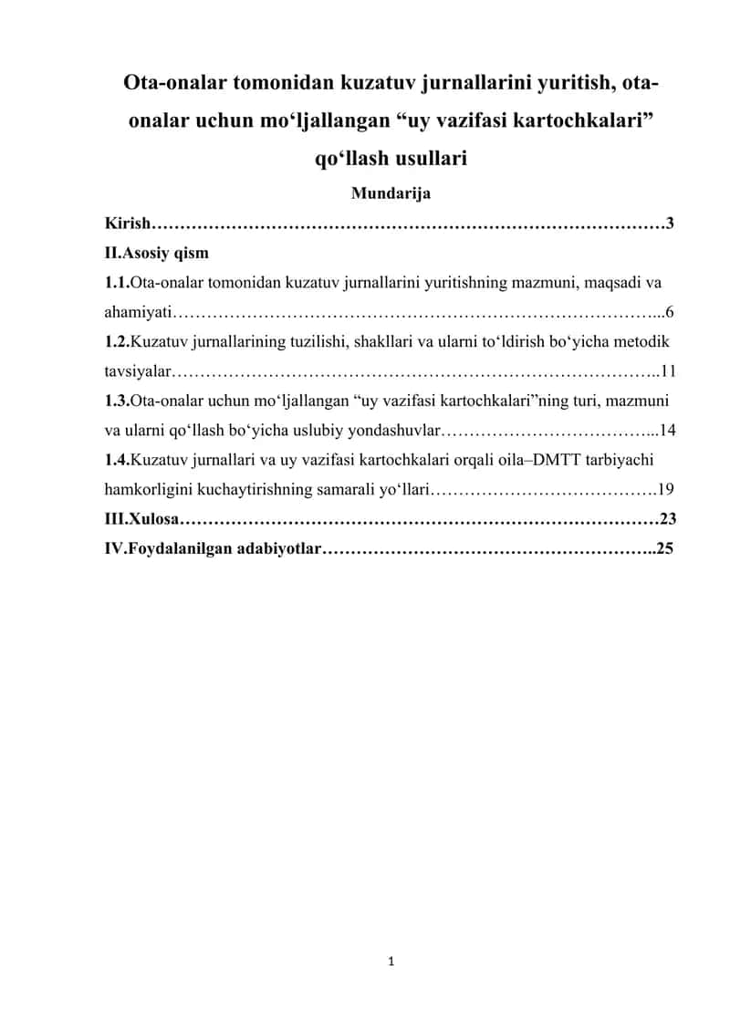 Ota-onalar tomonidan kuzatuv jurnallarini yuritish, ota-onalar uchun moʻljallangan “uy vazifasi kartochkalari” qoʻllash usullari 1