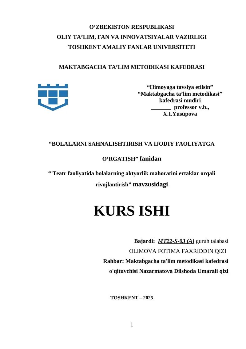 Teatr faoliyatida bolalarning aktyorlik mahoratini ertaklar orqali rivojlantirish 1