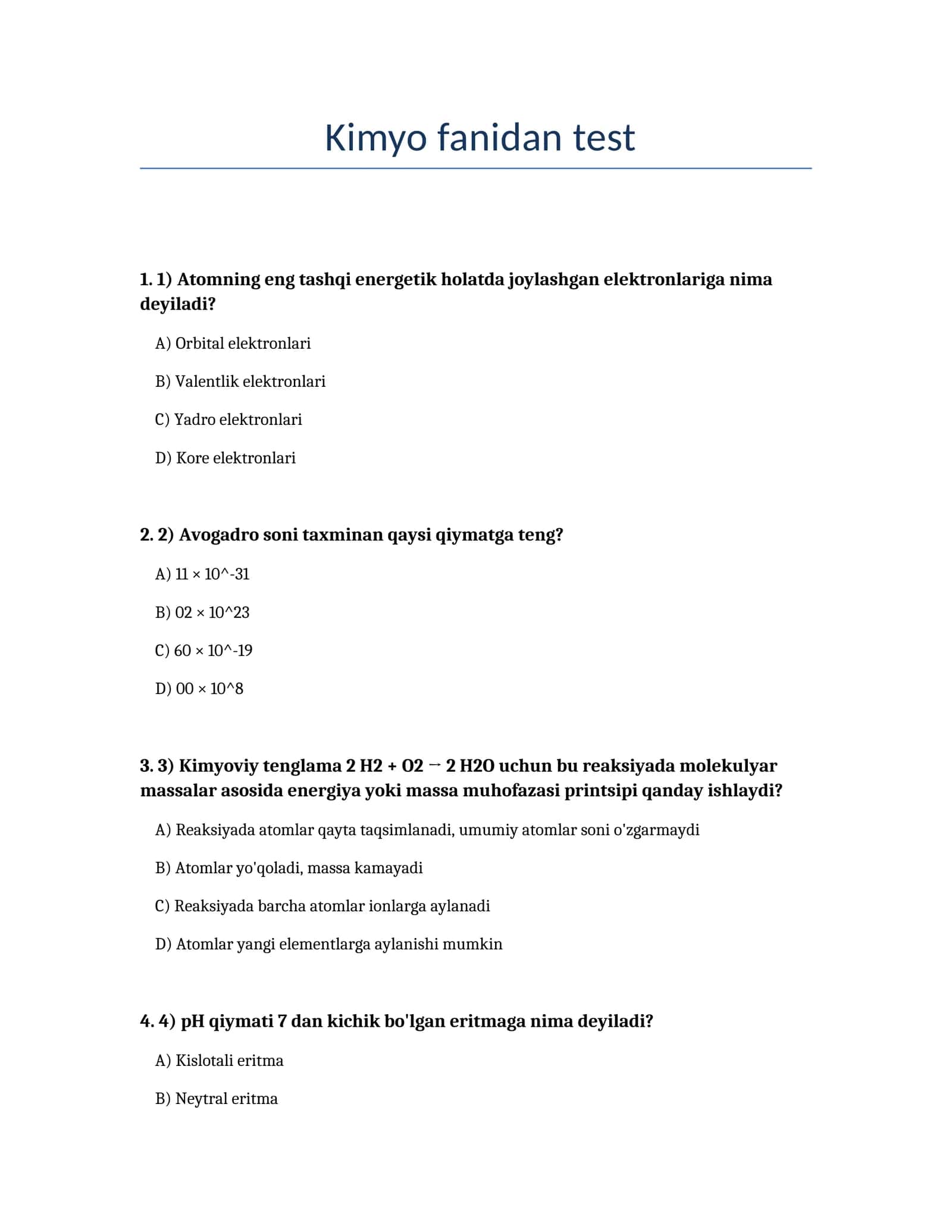 Kimyo fanidan test 1