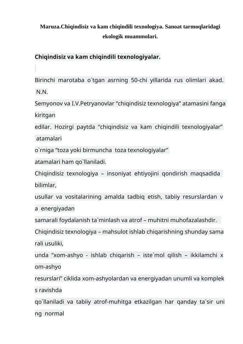 Chiqindisiz va kam chiqindili texnologiya. Sanoat tarmoqlaridagi ekologik muammolari. 1