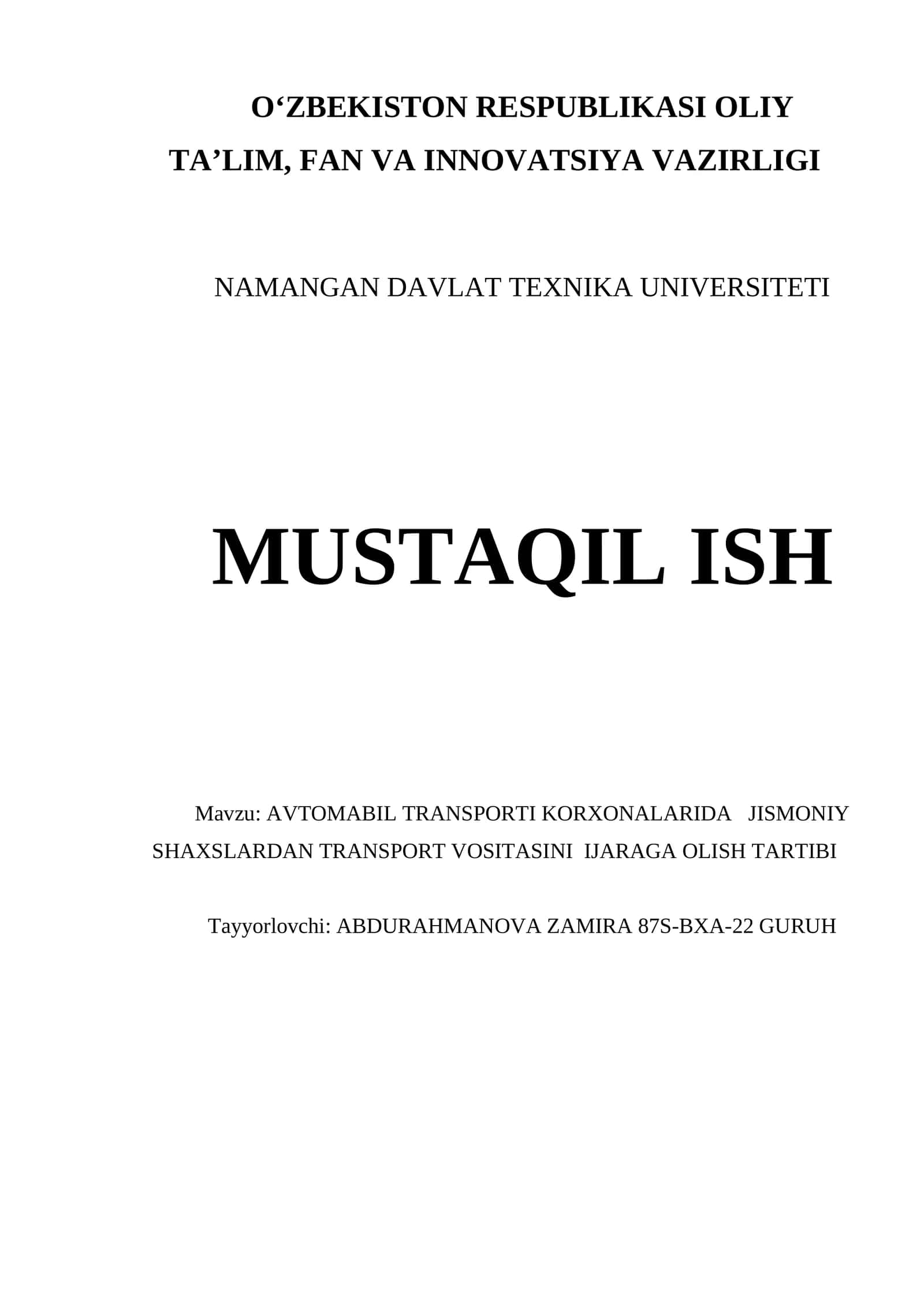 AVTOMABIL TRANSPORTI KORXONALARIDA JISMONIY SHAXSLARDAN TRANSPORT VOSITASINI IJARAGA OLISH TARTIBI 1