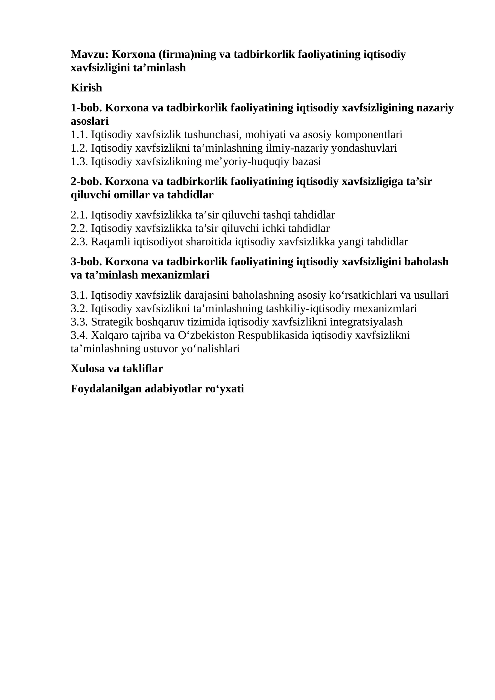 Korxona (firma)ning va tadbirkorlik faoliyatining iqtisodiy xavfsizligini ta’minlash 1