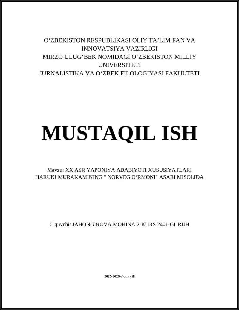 XX ASR YAPONIYA ADABIYOTI XUSUSIYATLARI HARUKI MURAKAMINING " NORVEG O‘RMONI" ASARI MISOLIDA 1