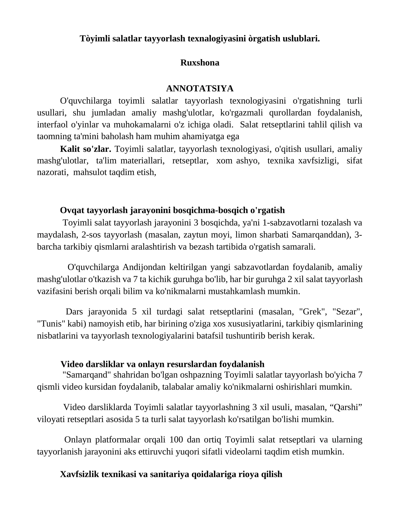 Toyimli Salatlar Tayyorlash Texnologiyasini O'rgatish Uslublari 1